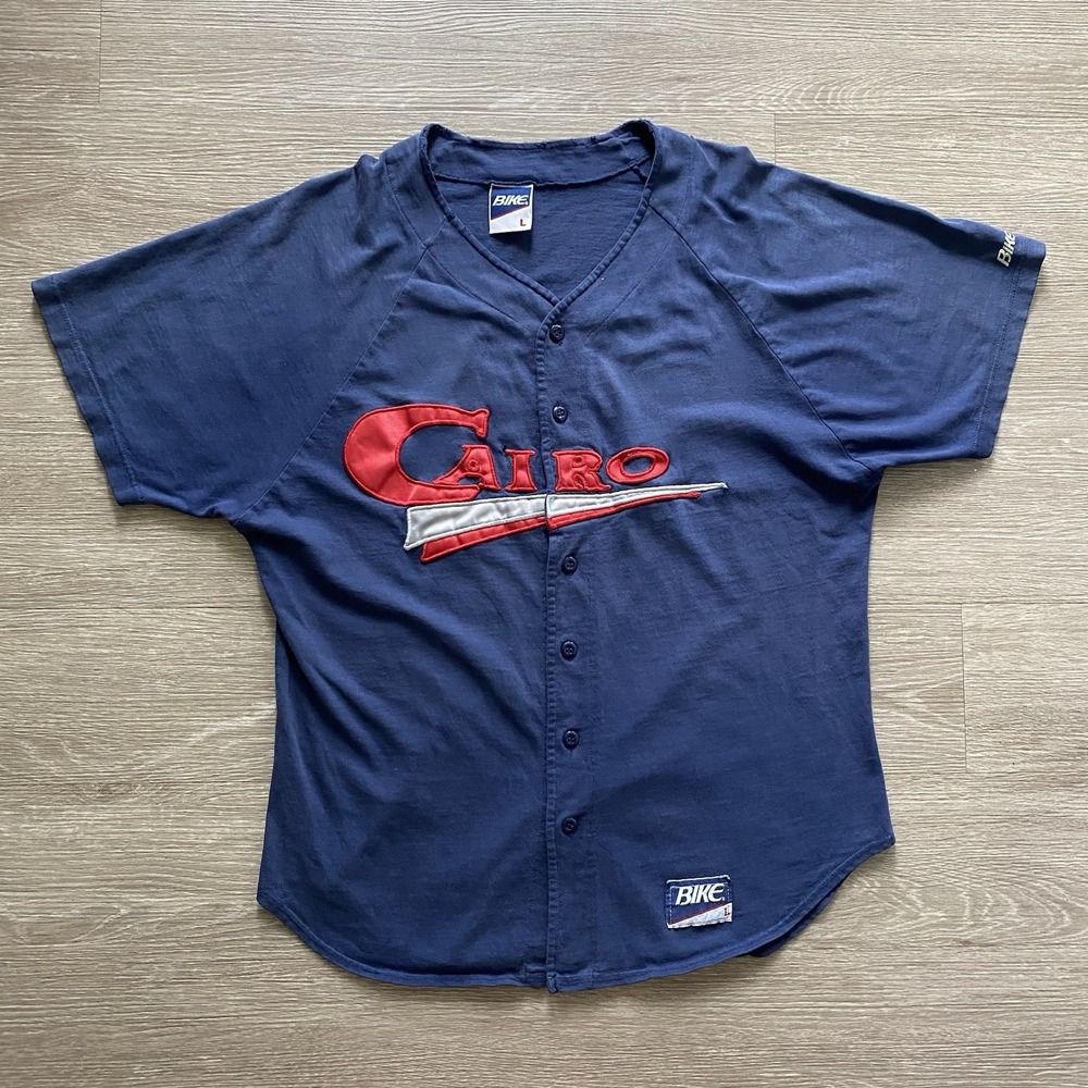 Vintage 80s BIKE Baseball Jersey Shirt Men's L Blue Cairo Thrashed Cycling Sport